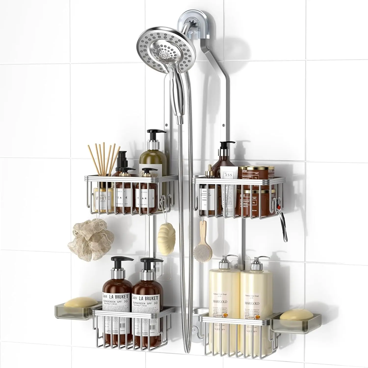Aluminum Shower Caddy Hanging Adjustable Shower Caddy, Rustproof Hanging Shower Organizer with Hooks Soap Holders, Over Shower Head Caddy for Handheld Showerhead, Silver