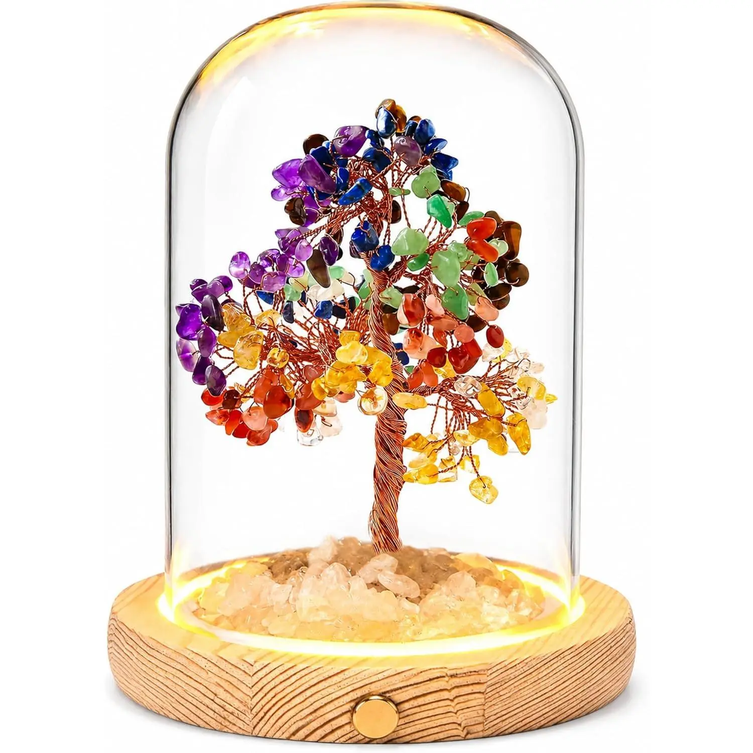 7 Chakra Crystal Tree of Life Handmade with LED Light Glass Dome| Healing Crystal Tree for Meditation, Feng Shui, Lighted Wood Base, Spiritual Home Office Decor, Birthday Gift for Women