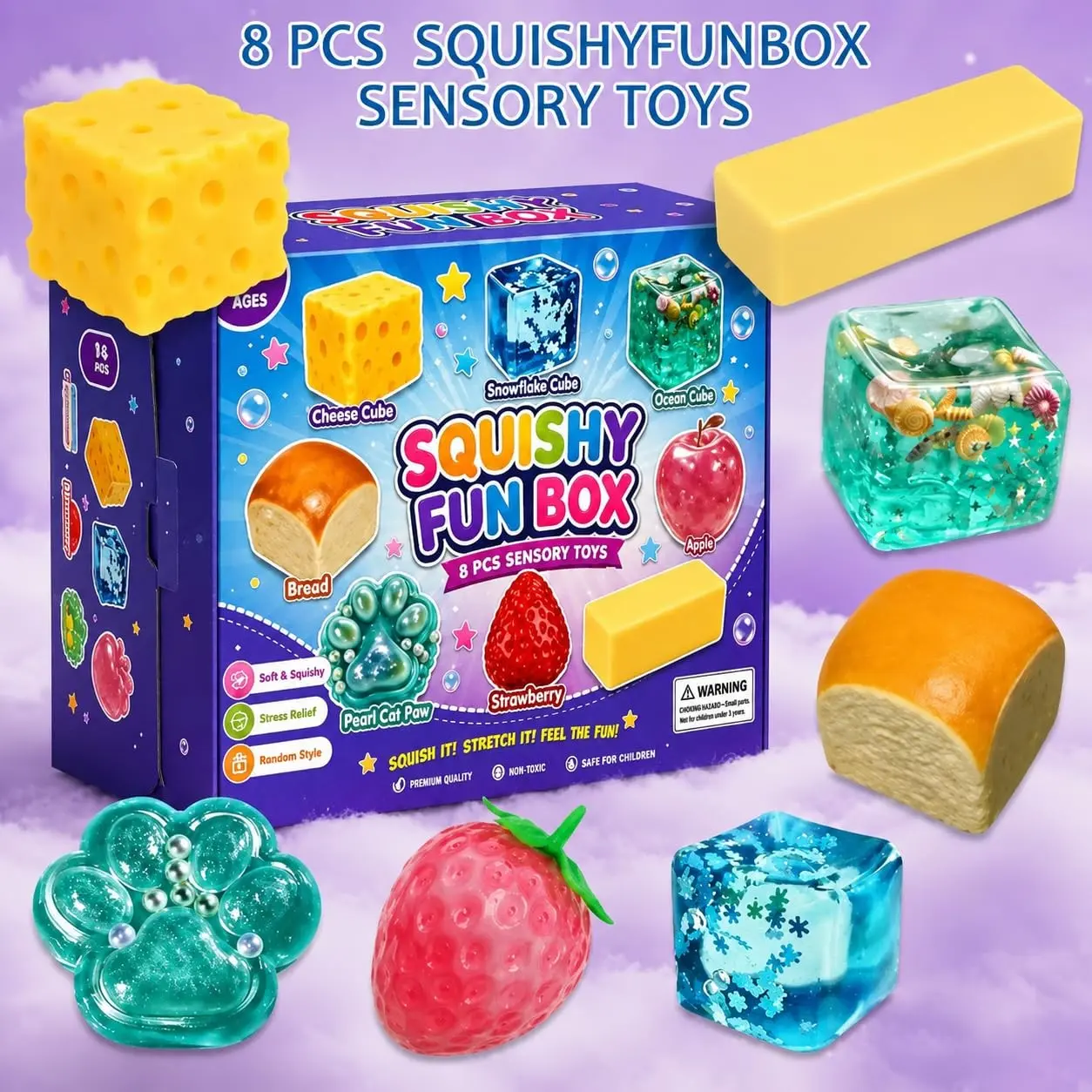 Soft Blind Box Set of 8, Malt Sugar Slow Release Mystery Soft Boxes, Fun Food Animal Sensory Toys, Stress Relief Party Gifts