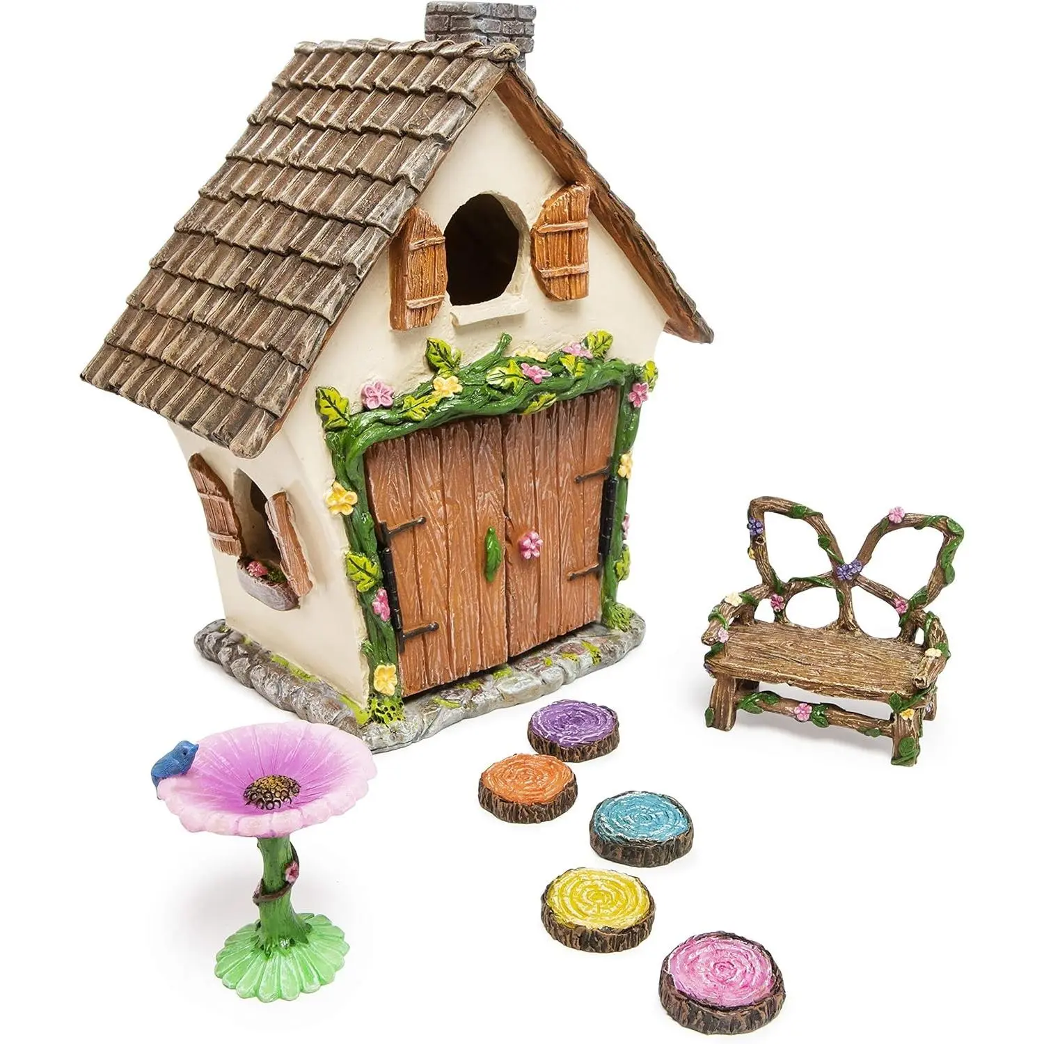 Fairy Garden House Kit - Complete with Fairy Garden Accessories, Butterly Seat, Bird Bath, Stepping Stones, Magnetic Door Closure for Indoor/Outdoor Fairy House