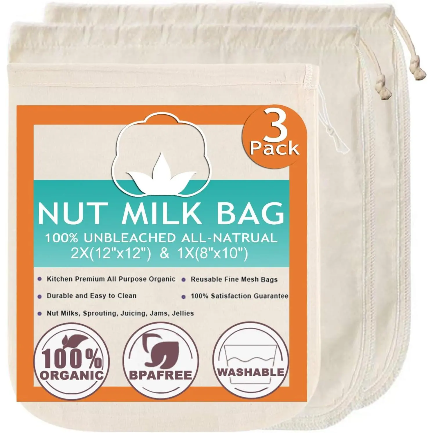 Reusable Synthetic Nut Milk Bag Sieve Set (3-Pack) - Fine Mesh Filters, 2 of 12"x12" & 1 of 10" Kitchen Utensils for Sprouting, Juicing, Jams, Jellies