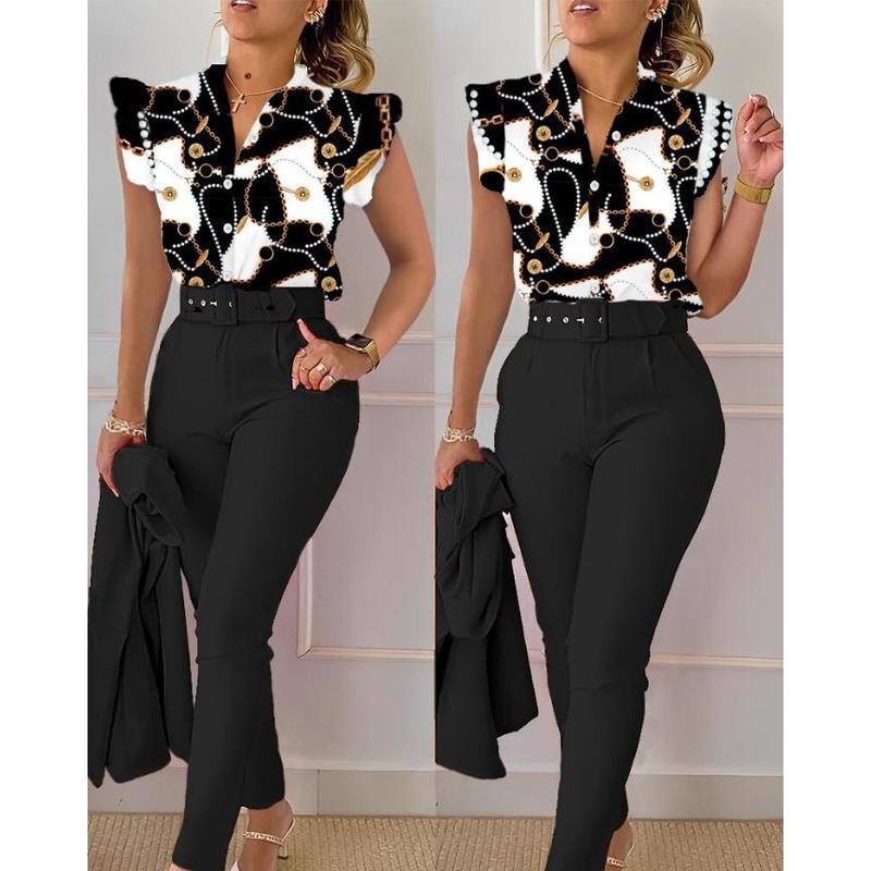 Women's 2-Piece Floral Print Blouse Solid Pants Set with Belt, Breathable Lotus Sleeve Top & Stretch Trousers Office to Casual Versatile Outfit Comfort Clothes Jacket Suits Chic Womenswear matching sets vacation Cropped Beach