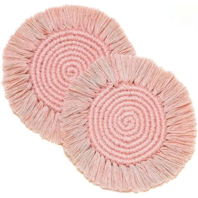 2 Packs Macrame Boho Pink Coaster for Drinks Absorbent Handmade Cotton Drink Coaster Woven Cup Mat Pad for Holiday Daily Home Kitchen Room Office Table Desk Housewarming Party Table Decoration- 7in