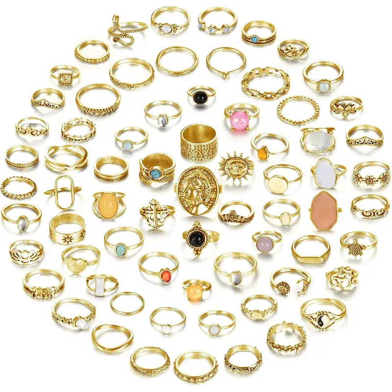 Women's 70Pcs Vintage Crystal Silver Stackable Finger Rings - Boho Midi Dainty Layered Metallic Rings, Sparkling Retro Crystal Shine Casual Fashion Jewelry for Daily Wear