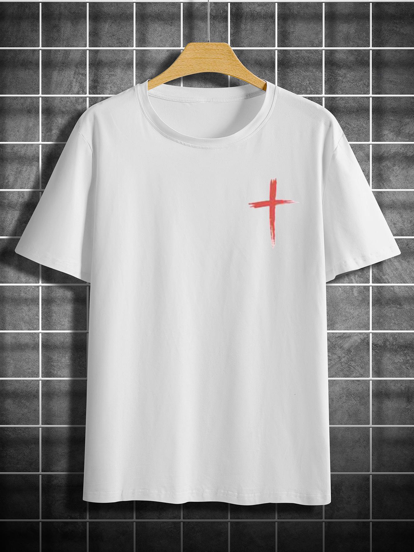 Men's Letter & Cross Print Round Neck Tee, Casual Style Tee, Regular Fit Casual Short Sleeve Crew Neck T-shirt for Summer, Men's Top for Daily Wear, Casual Comfy Streetwear