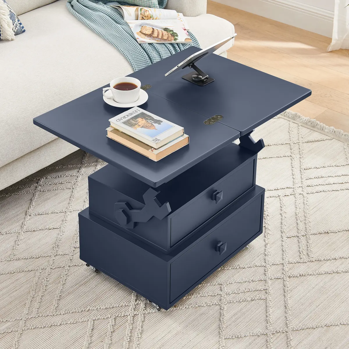 High-Gloss Lacquered Adjustable Height Rolling End Table with Charging Station&Universal Wheels with Brakes, Multi-functional Lift Top Table with Storage Drawers for Living Room Bedroom
