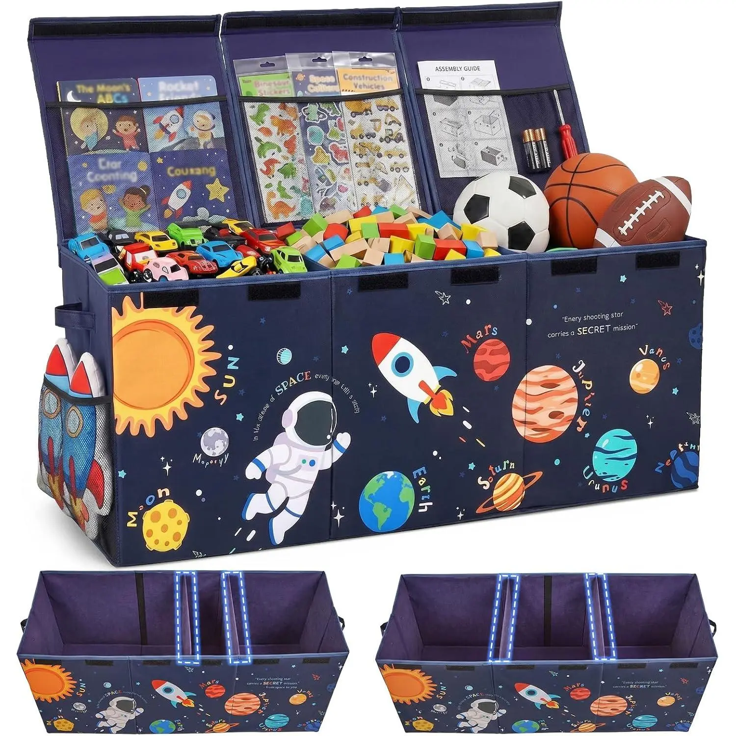 Unicorn Castle Toy Box with Adjustable Divider Toy Chest Storage Large Toy Storage Organizer Bin Collapsible with Lid Pockets for Nursery Playroom,Blue Astronaut