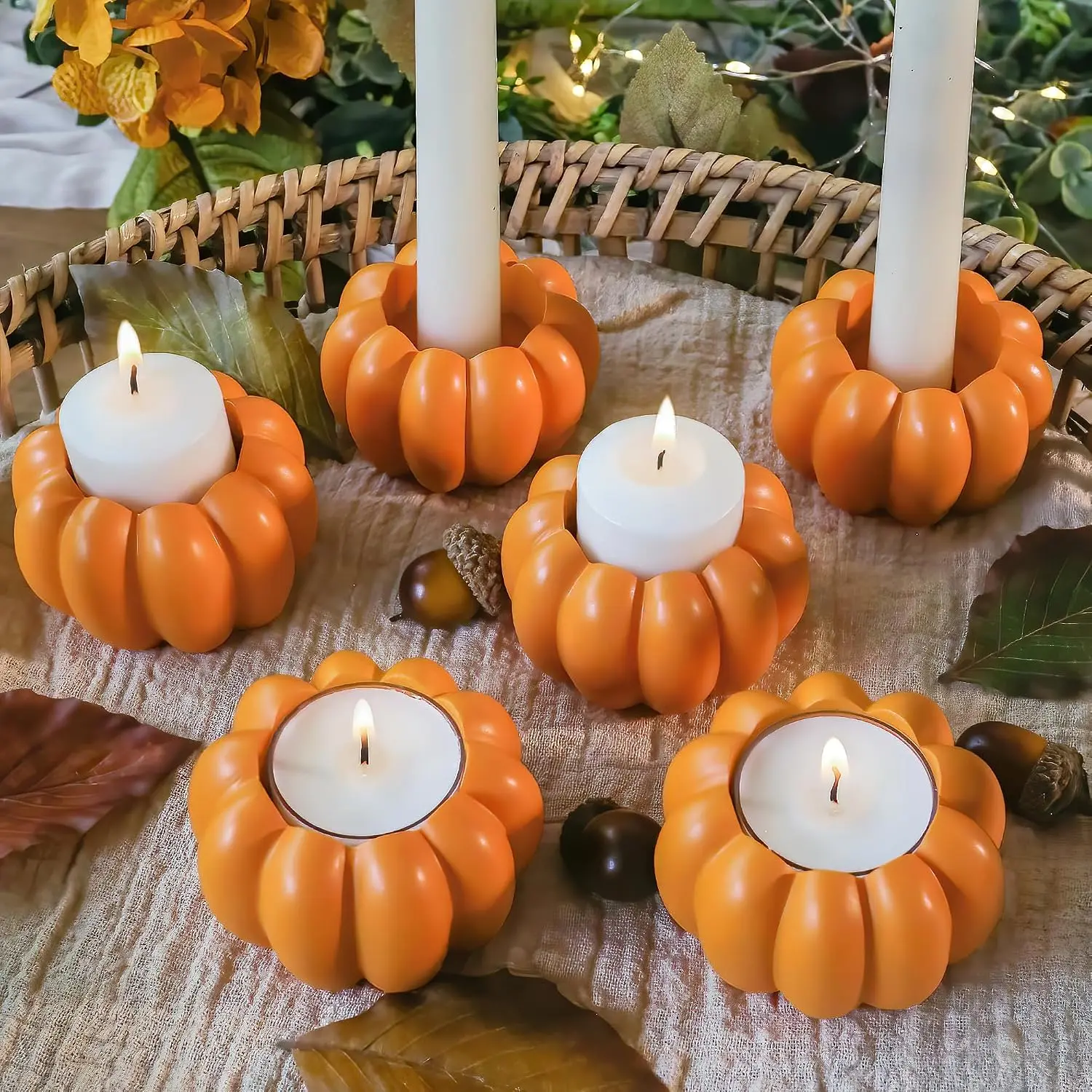 2-in-1 Pumpkin Candle Holder Set - Orange Fall Taper, Tealight & Votive Candle Holders - Pumpkin Table Centerpiece, Fall Candle Decor, Halloween Candlestick Holder (Set of 6)