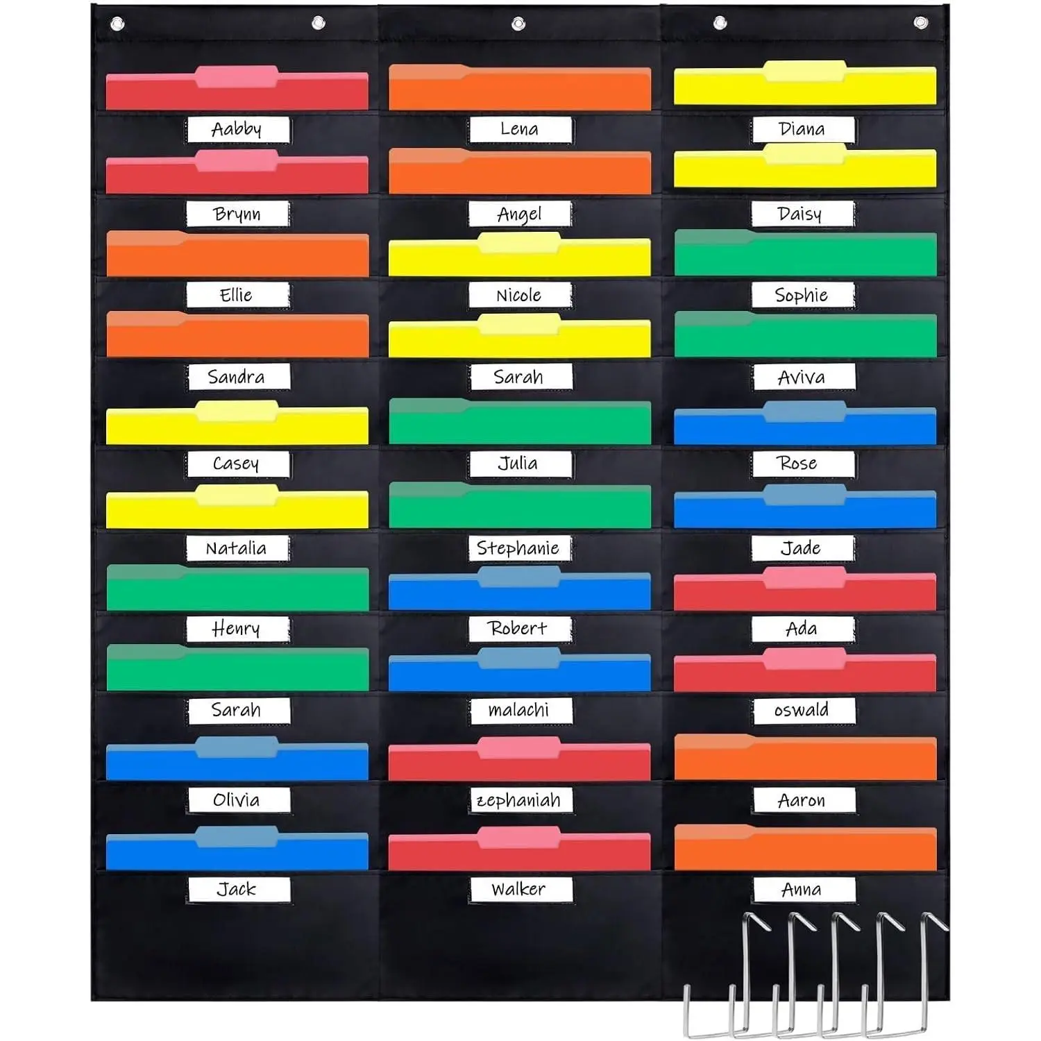 30 Pockets Storage Pocket Chart with 30 Nametag Pockets, Hanging Wall File Organizer for File Folders with 5 Hangers for Classroom, Office, School Mailbox Organizer and Home (Black)