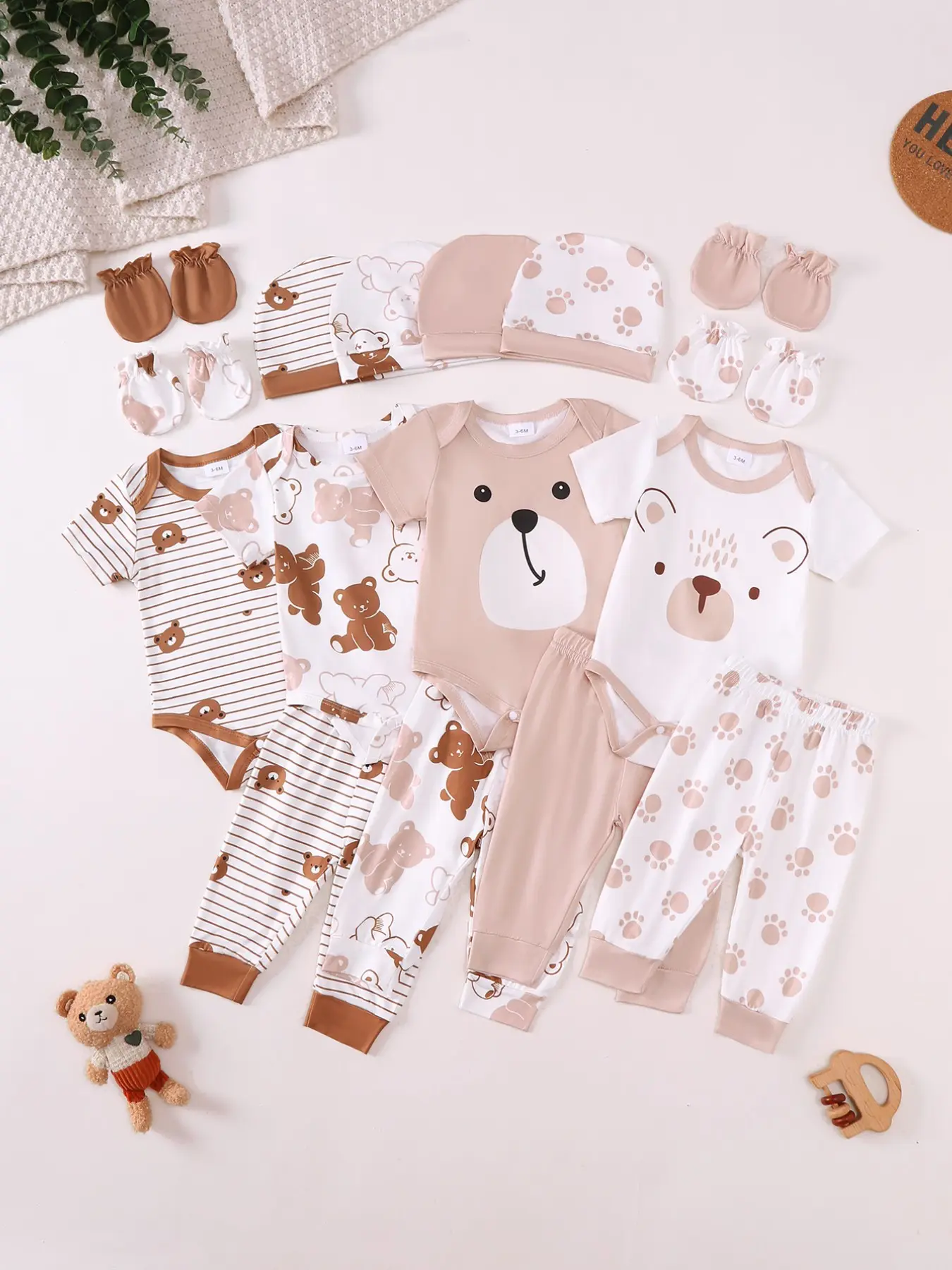 Baby Bear Print Set, Newborn Onesie + Pants + Hat Gloves Footies, Cute Slim-Fitting Cartoon Clothes, Baby Shower Gift