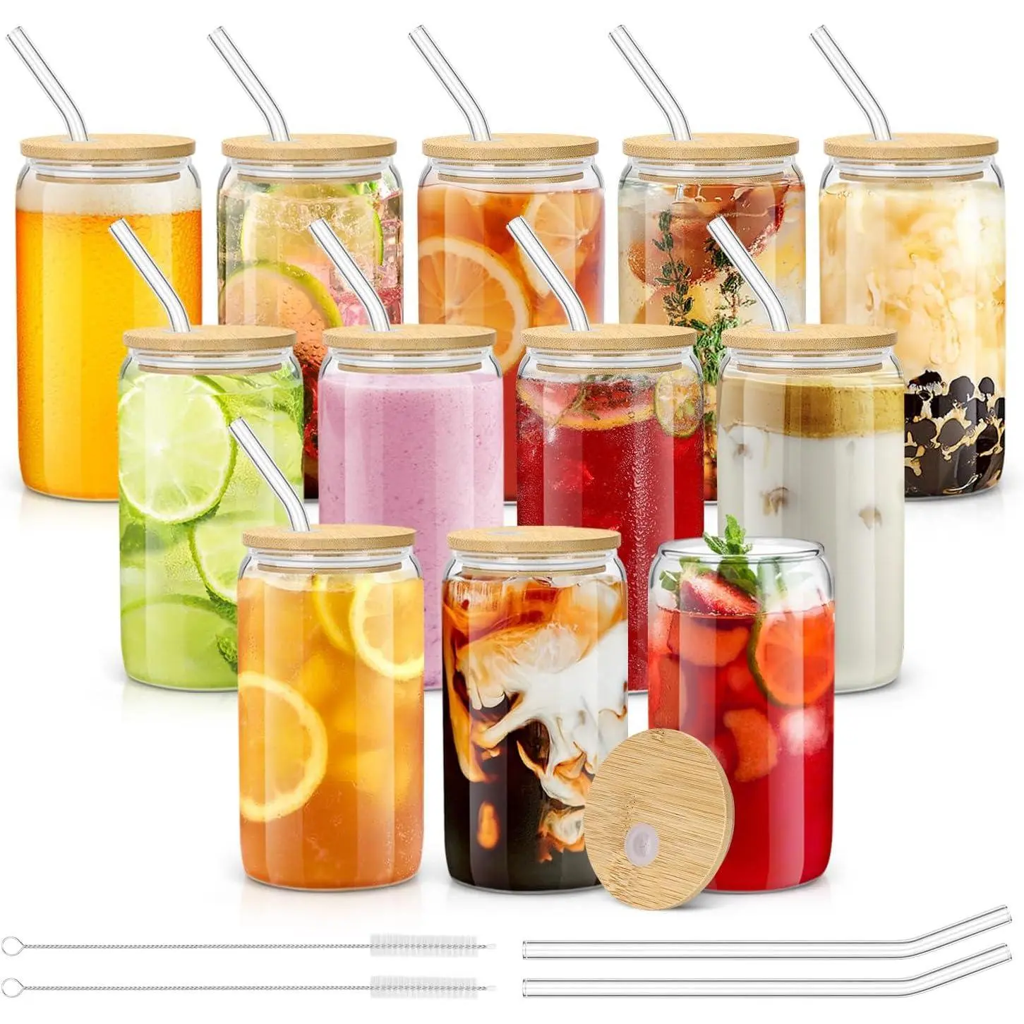 [ 12pcs Set ] Drinking Glasses with Bamboo Lids and Glass Straw - Glass Cups, Beer Glasses, Iced Coffee Glasses, Cute Tea Cup, Ideal for Cocktail, Whiskey, Gift - 2 Cleaning Brushes