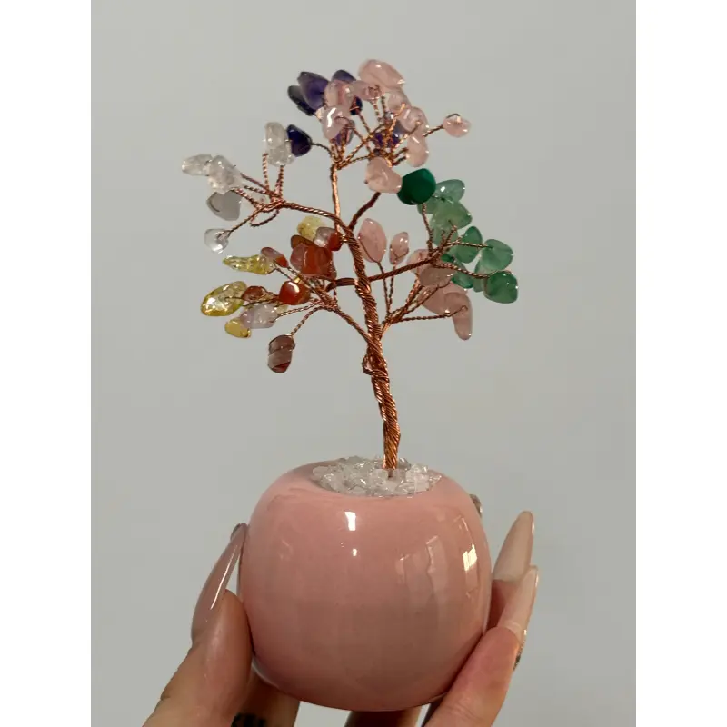 Handcrafted Colorful Crystal Gemstone Bonsai Tree in Pink Bowl, 5x5x15cm Decorative Ornament for Desk, Shelf