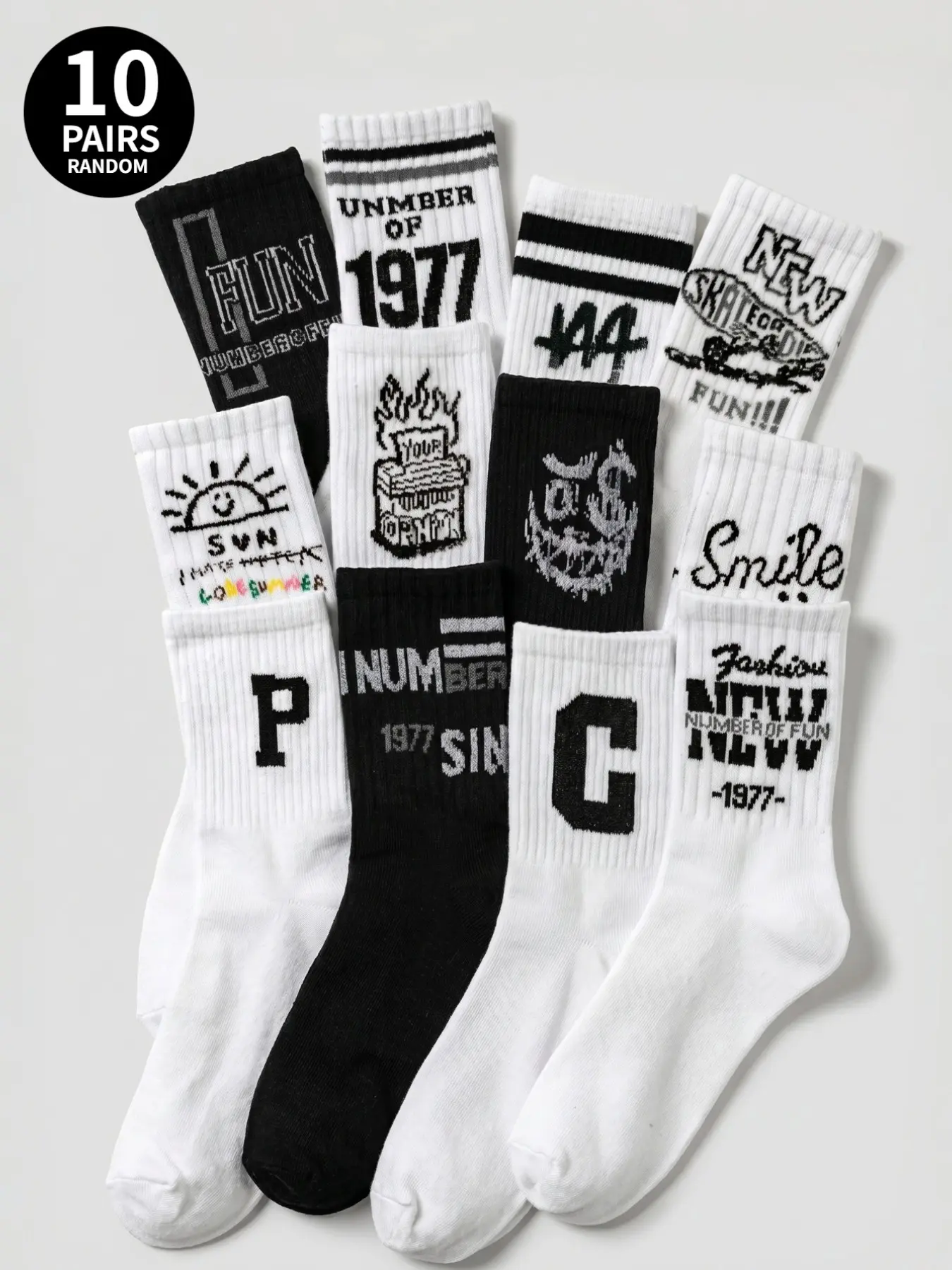 10-Pack of Random-Print Trendy Letter-Printed Mid-Calf Socks, Knee-High Socks, Ankle Socks, and Crew Socks: Black-and-White Color-Blocked Streetwear/Skate Style Socks, Casual Socks, Athletic Socks—Unisex Custom Set Socks Bulk