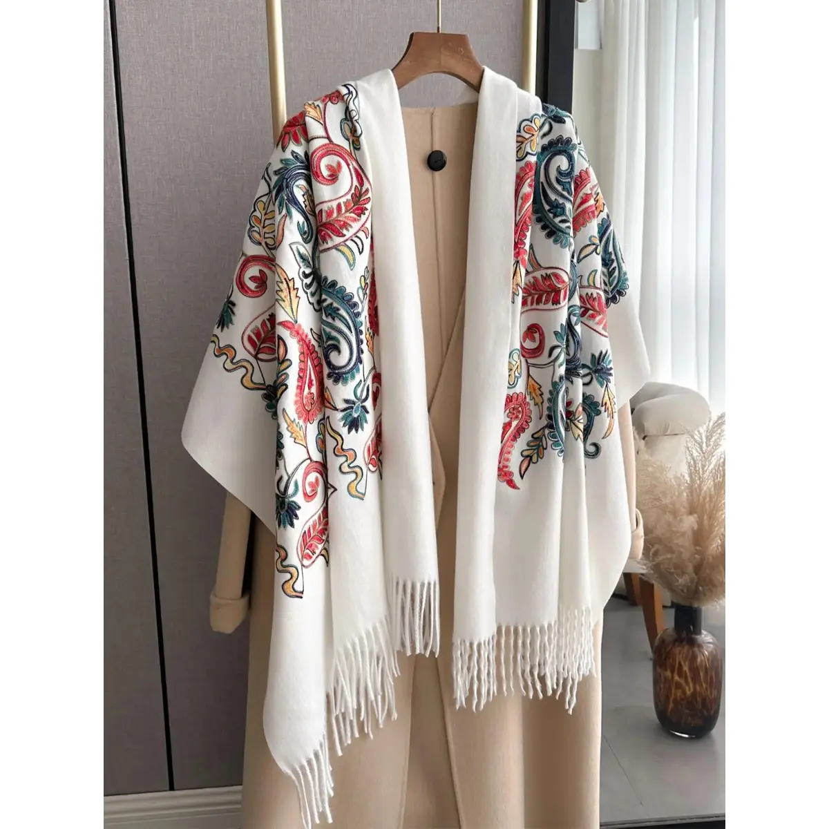 Women's Tencel Satin Washable Cotton Floral & Leaf Embroidery Tassel Shawl - 2024 Elegant Boho Scarf, 1 Size Italian Look Plain Female Soft Warm Wrap for Fall, Winter, Floral Embroidered Scarf, One Size