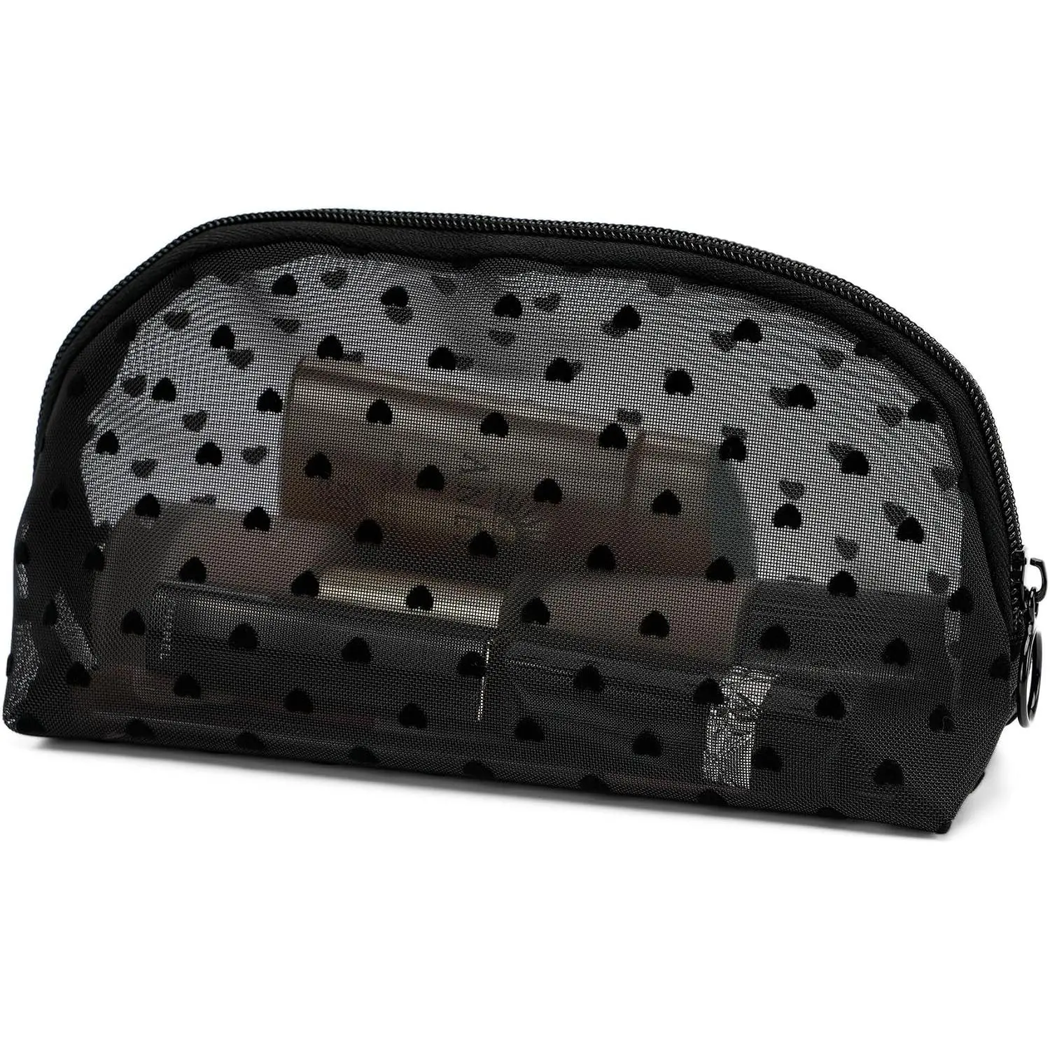 Modern Half Round Makeup Bag, Breathable Nylon Mesh Pouch with Heart Pattern, Compact for Travel with Zipper Pull, Mesh View, Makeup Pouch For Purse, Travel Cosmetic Bag, Make Up Travel Bag Organizer