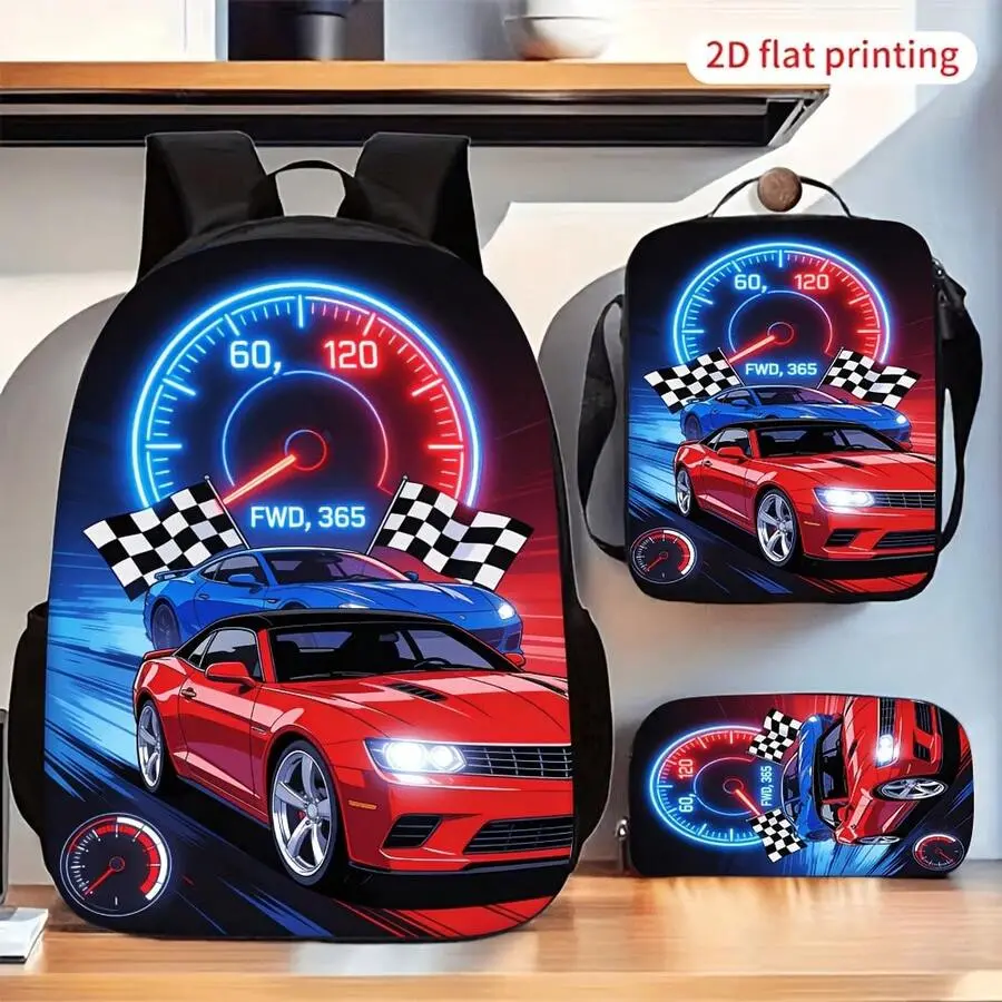 Student Class Backpack Racing Car 3-Piece Set - 17in Large Capacity Backpack, Lunch Bag, Pencil Case, Adjustable Straps, Lightweight, Zip Closure for School Outing, Daily Commute, Racing Car Set