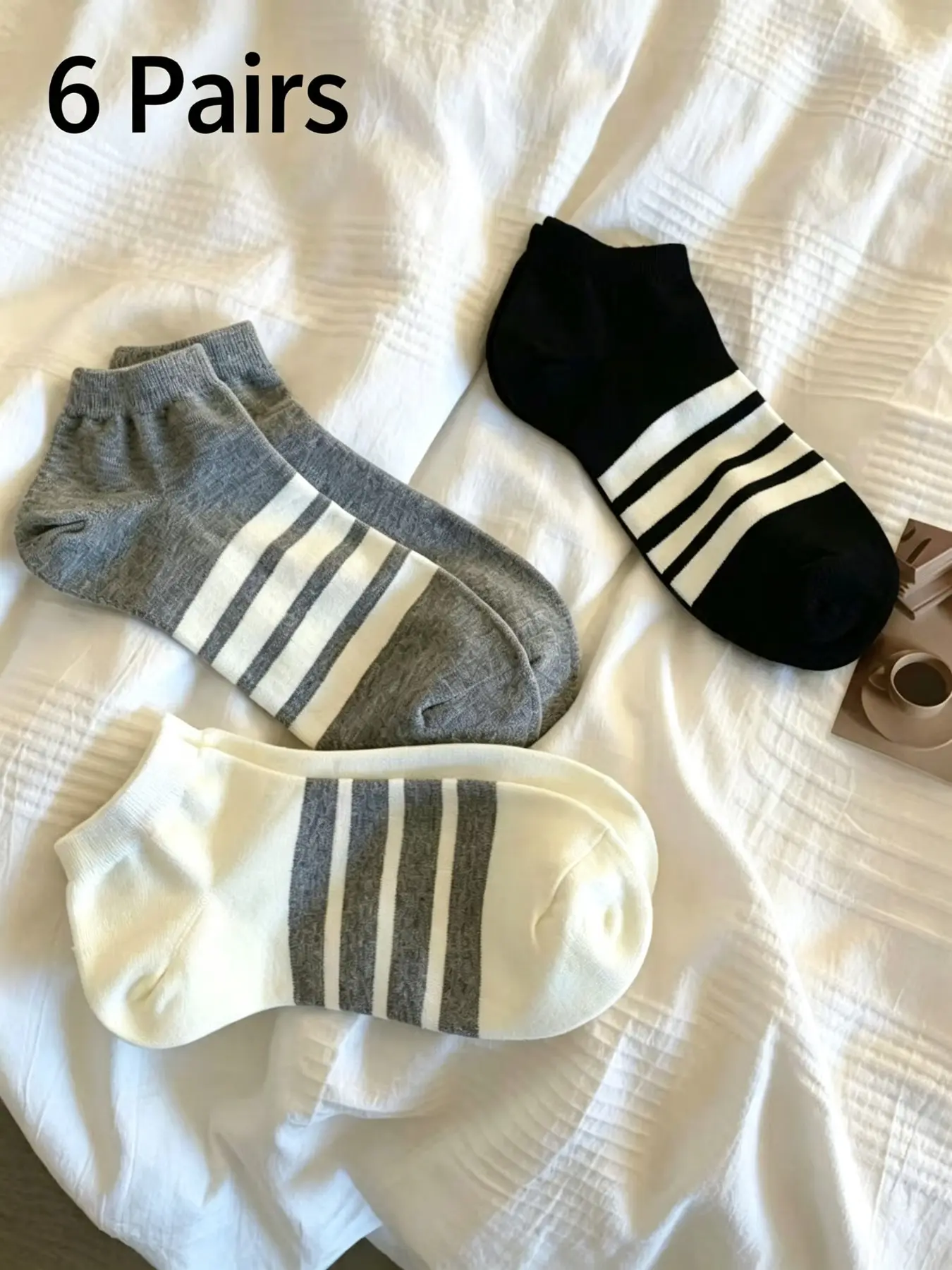 6 Pairs Random Neutral Contrast Horizontal Striped Ankle Socks, Minimalist Vertical Rib Low Cut Short Crew Socks, Elastic Breathable Unisex Casual Socks for Men Women Office Campus Daily Loungewear Outfits