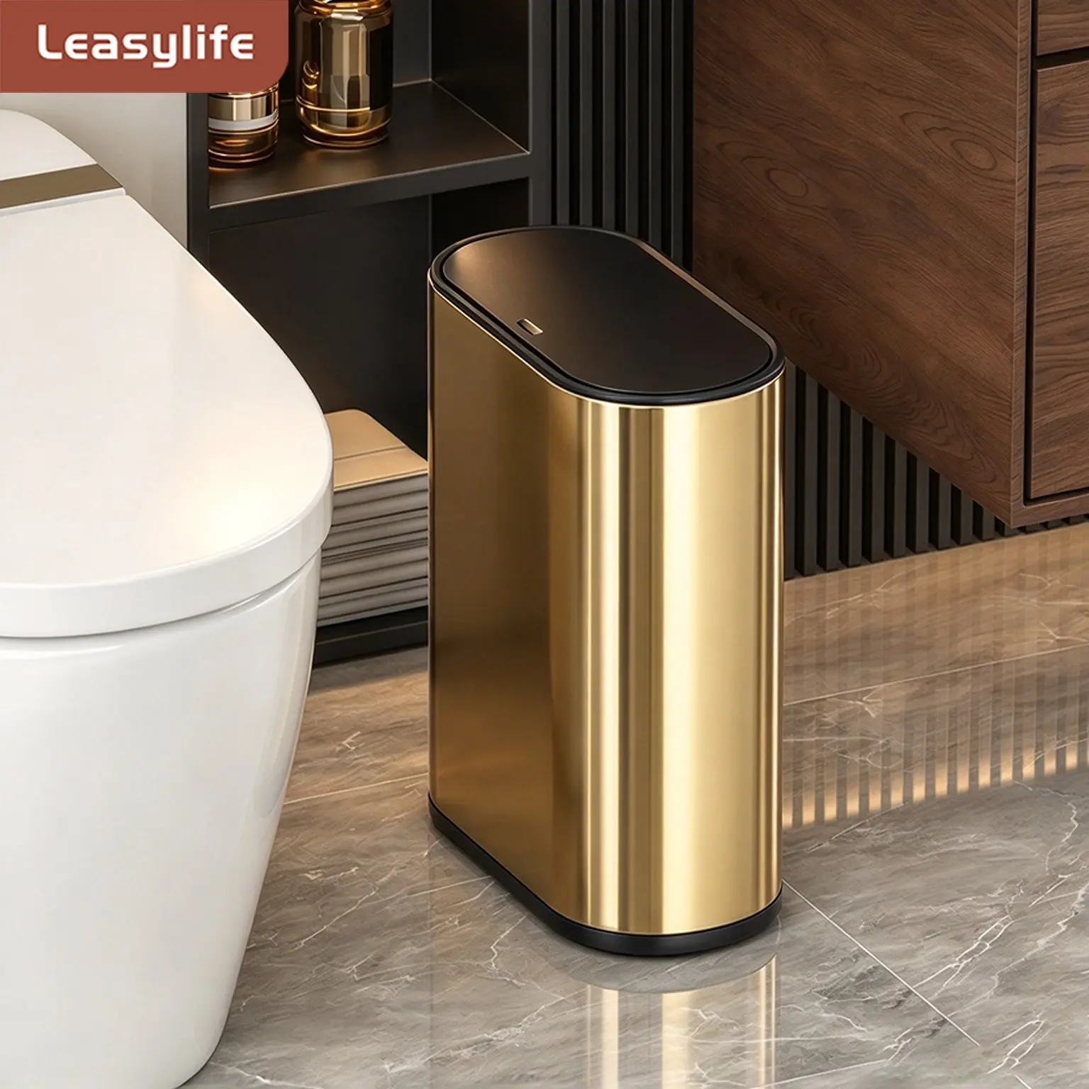 1 ultra-thin gold bathroom garbage bin 1.85 gallon/7L, suitable for crevice spaces, oval double-layer, waterproof small with lid, stainless steel, suitable for bedrooms, offices, living rooms, RVs, Bathroom Trash Cans