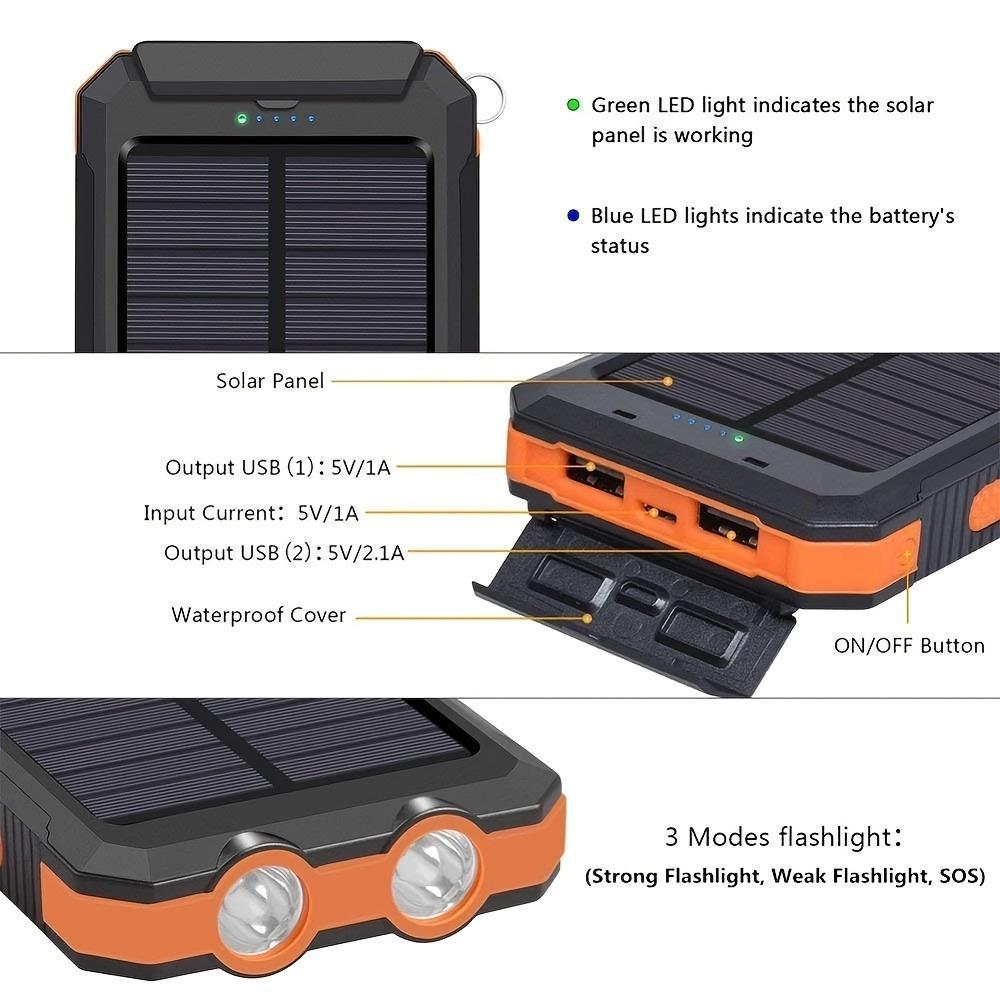 10000 mAh Portable Solar Power Bank with Solar Panels, Solar Powered Charger with Dual LED Flashlights, Power Bank for Travel, Camping, Travel Gadgets #GLOBAL PICKS