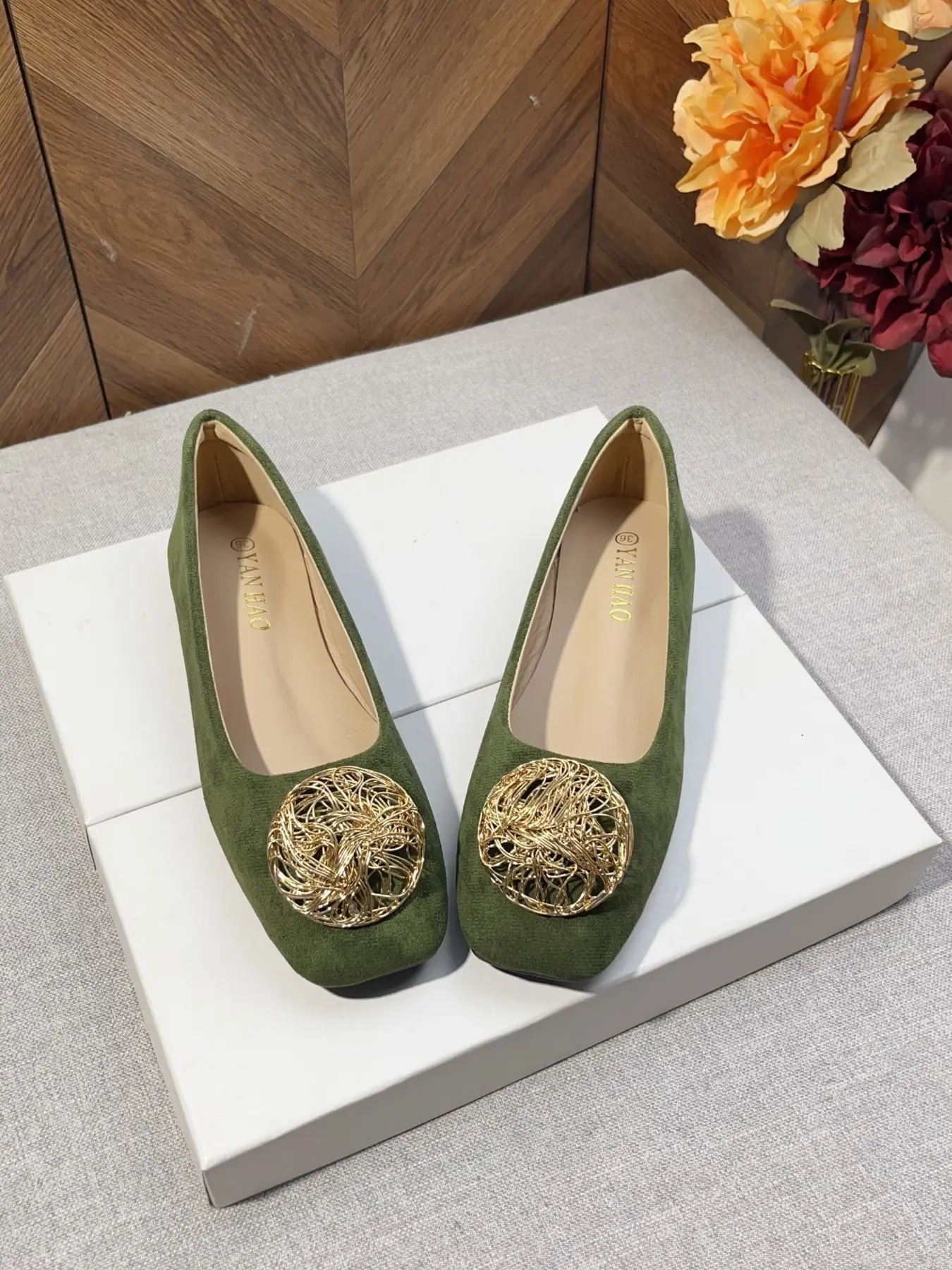 Women's Square Toe Chic Ballet Flats, Vintage Olive Velvet with Buckle Rubber, Comfortable All-Season Casual Shoes