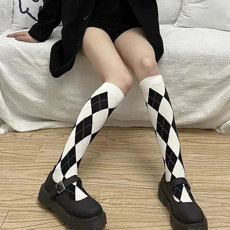 Sweet Kawaii Lattice Knee High Socks for Women - Soft Cotton JK Uniform Long Hosiery, Cute Plaid Argyle Knit Footwear, Vintage Lolita Alternative Fashion Stockings, Perfect for Cosplay Party, Dance, Daily Streetwear & Holiday Gift