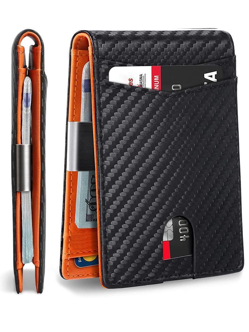 Men's Slim Carbon Fiber Pattern Bifold Wallet with RFID Blocking Money Clip & Multiple Card Slots for Secure Everyday Use