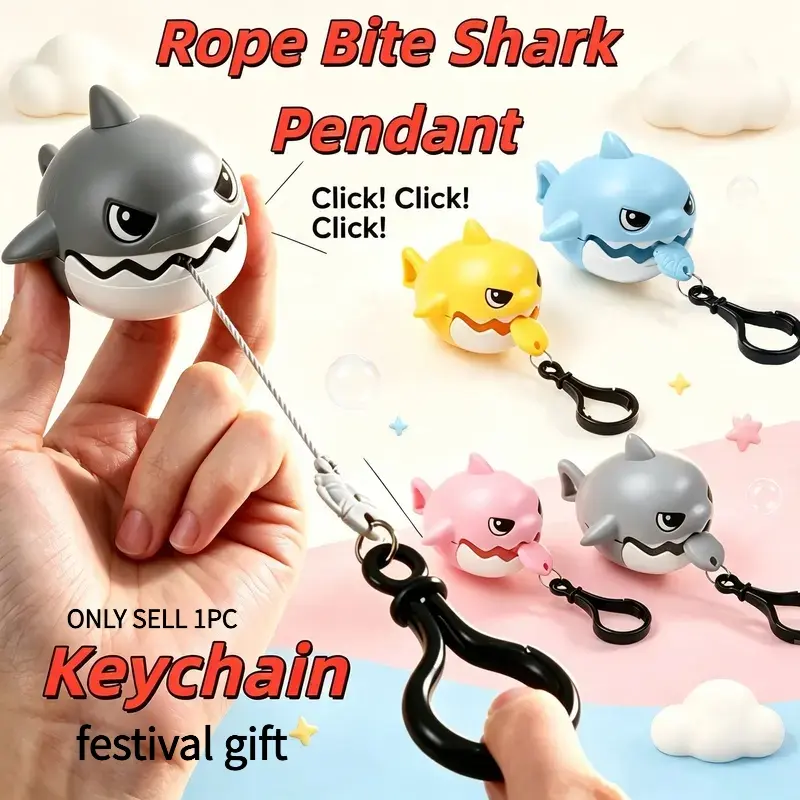 Four colors of cute drawstring shark bite keychain Fidget toy fun shark bite bag charm portable backpack hanging decoration novelty holiday gift
