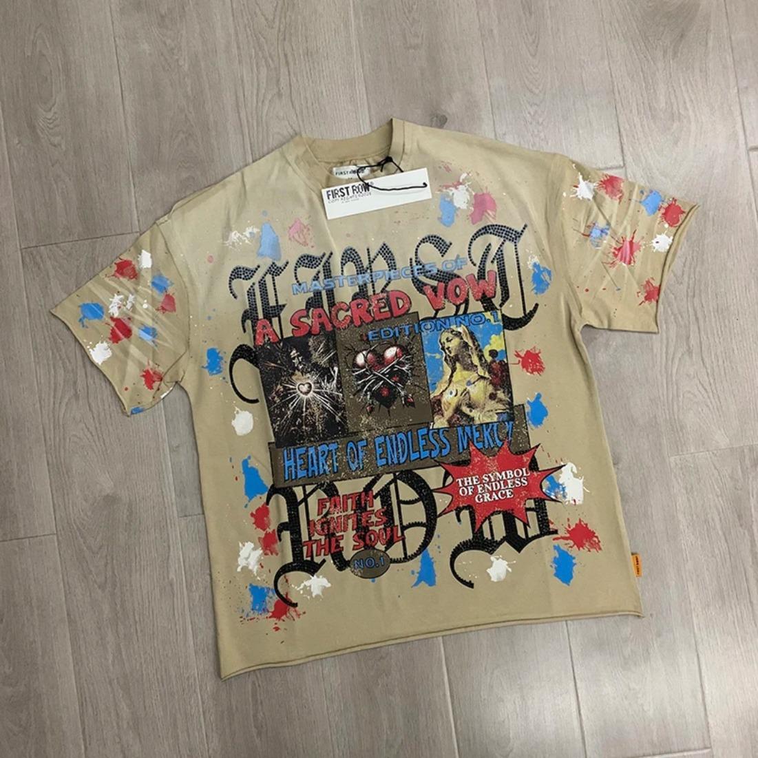 Casual FIRST ROW T-Shirts Washed Street Fashion American Style Hot Drill Letters Mens Womens High Quality Short Sleeves Tee Streetwear Trendy Graphic Tee Urban Fashion Cool Casual Look Unisex Stylish Summer Tee