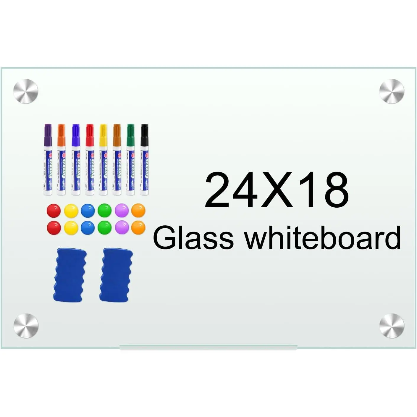 White Board 24”x18“  Dry Erase Boards Frameless  Glass Whiteboard for Wall, Wall Mounted Whiteboard Includes 12 , 8 Markers and 2 Erasers