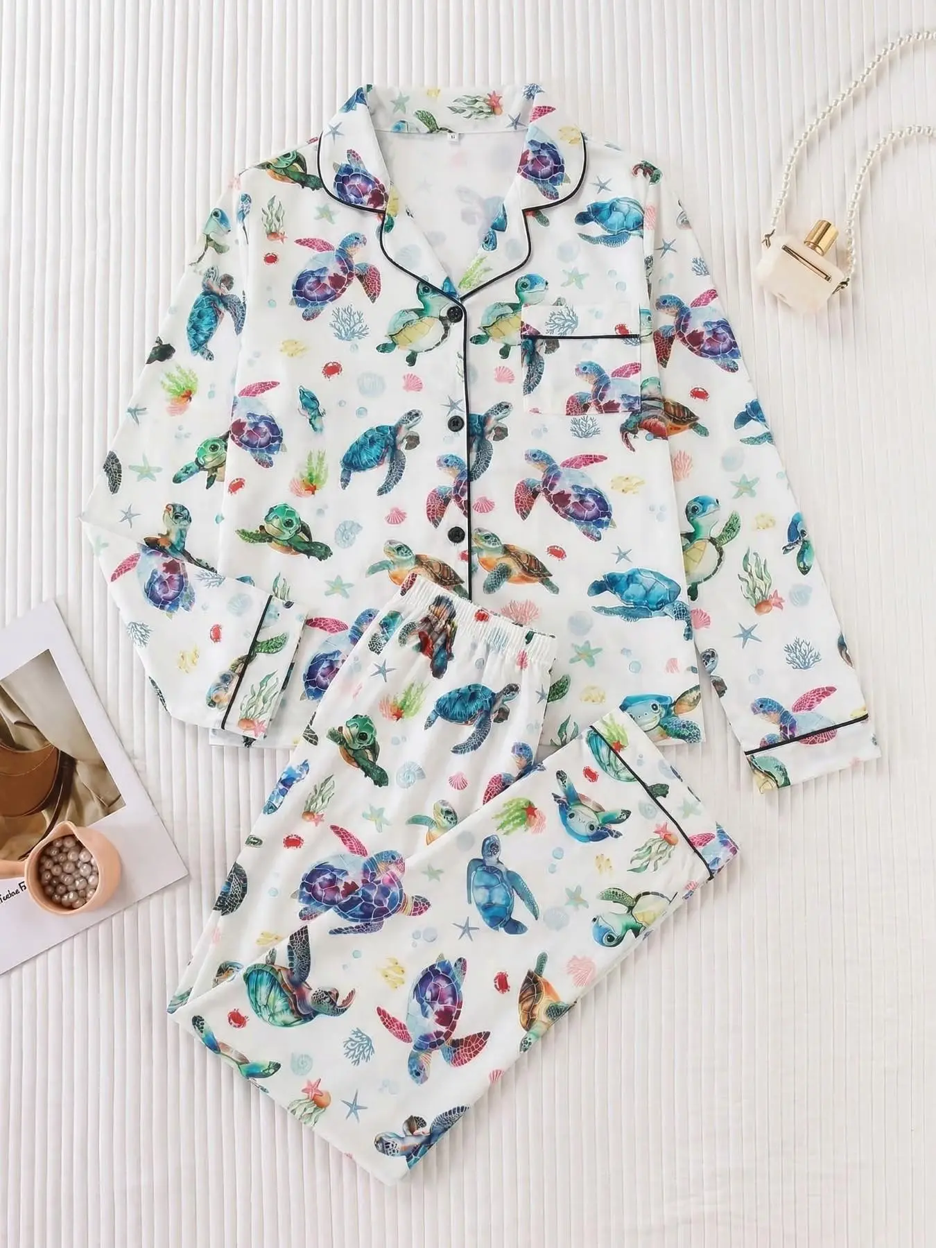 Two-Piece Ocean Theme Turtle Coral Print Women's Casual Pajamas Set, Soft Comfortable Fabric, Loose Lightweight Button Front Long Sleeve Top and Pants