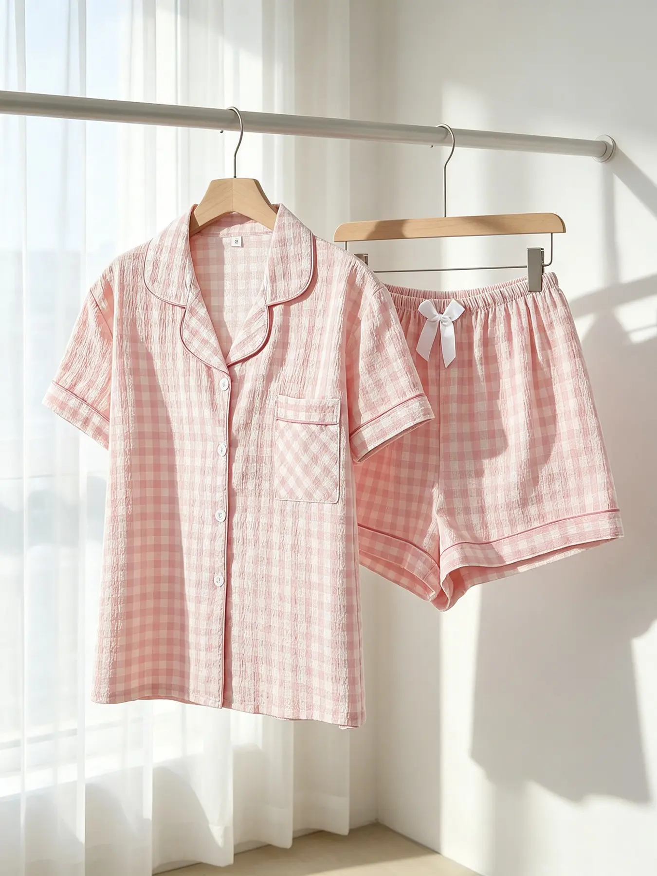 Women's Button-Down Short Sleeve Top & Shorts Pajama Set, Pink White Gingham, Pink Piping, White Bow Detail, Spring Summer Wear, Loose Fit, Cute Dopamine Aesthetic Loungewear