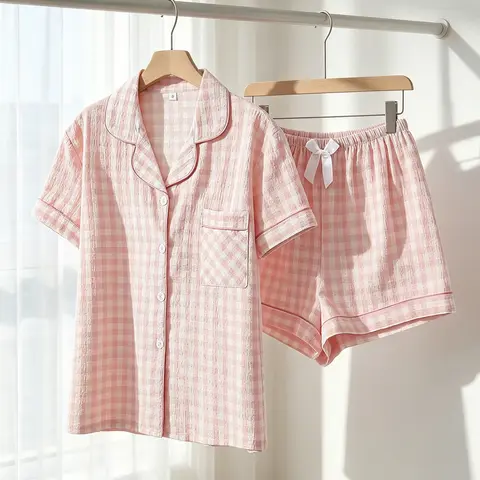 Women's Button-Down Short Sleeve Top & Shorts Pajama Set, Pink White Gingham, Pink Piping, White Bow Detail, Spring Summer Wear, Loose Fit, Cute Dopamine Aesthetic Loungewear, Printed Sleepwear Set