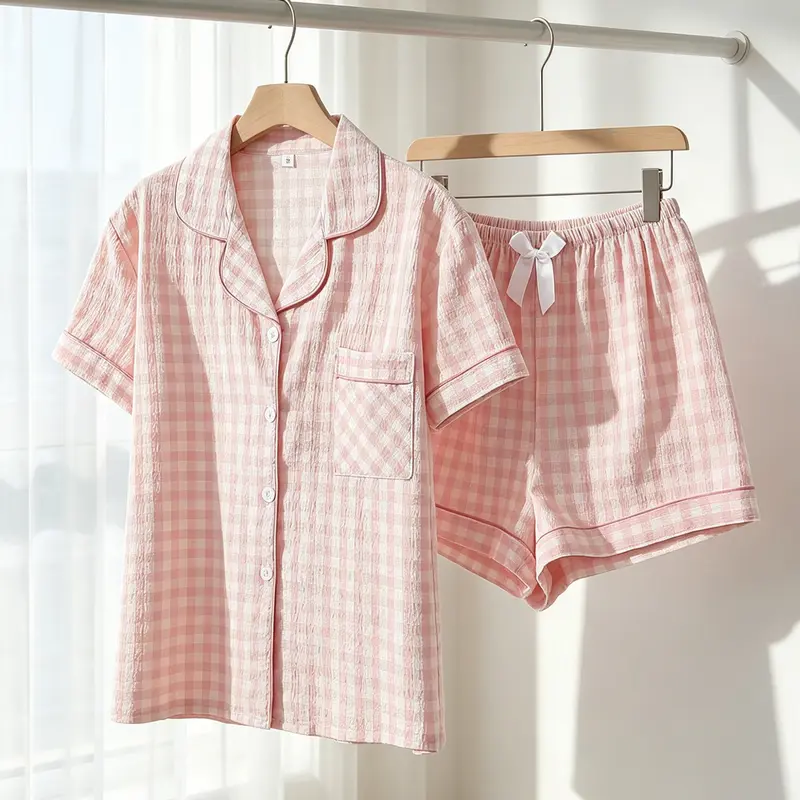 Women's Button-Down Short Sleeve Top & Shorts Pajama Set, Pink White Gingham, Pink Piping, White Bow Detail, Spring Summer Wear, Loose Fit, Cute Dopamine Aesthetic Loungewear, Printed Sleepwear Set