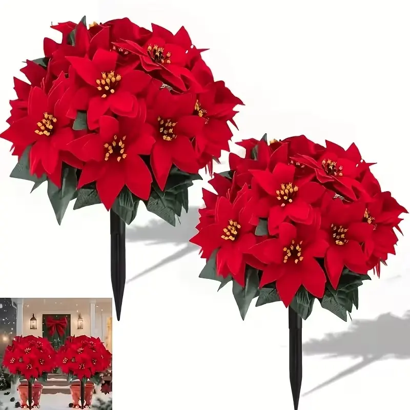2pcs Vibrant Artificial Poinsettia Flowers with Stakes, Durable Decorative Plants for Christmas Halloween Outdoor Garden Decor Wedding Home Indoor Exterior