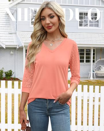 WIHOLL 3/4 Length Sleeve Womens Tops V-Neck Lace Tunic Tops Business Casual Blouses 2025 SpringStatements WIHOLL 3/4 Length Sleeve Womens Tops V-Neck Lace Tunic Tops Business Casual Blouses 2025 SpringStatements
