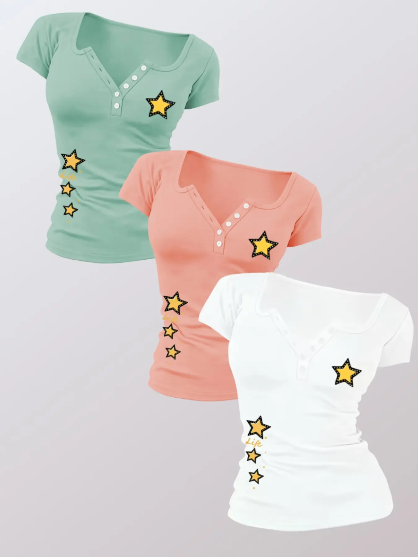 Women's Fitted Short Sleeve T-Shirt, Summer New Arrival, Star Print, V-Neck, Waist Cinch, Casual Sweet Cool, Daily Wear, Office, Dating, Shopping, Tops