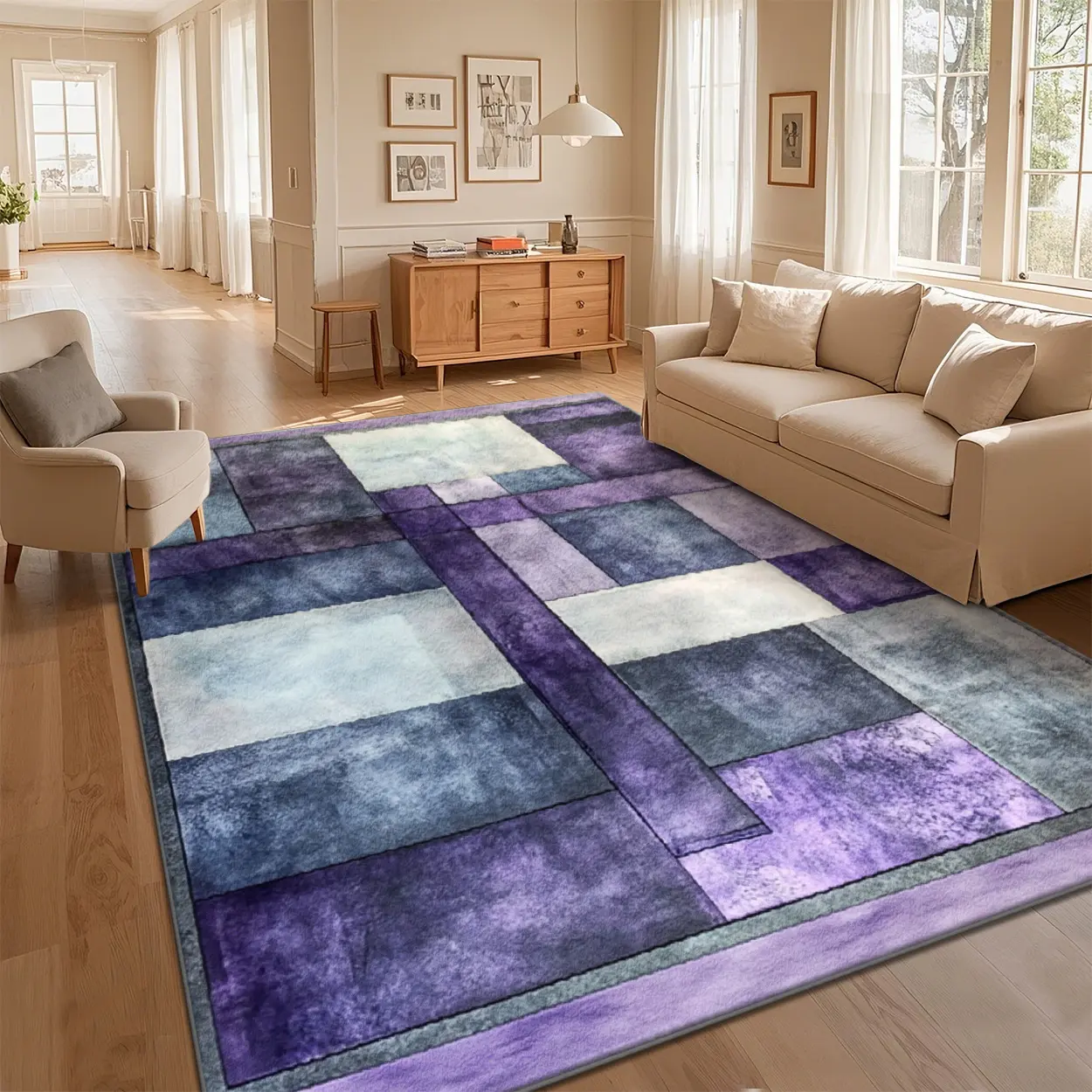 Local Delivery Multi Sizes Velvet Purple Grey Stacked Square Geometric Block Rug Washable Non Slip Boho Farmhouse Runner Nursery Indoor Decor Rug
