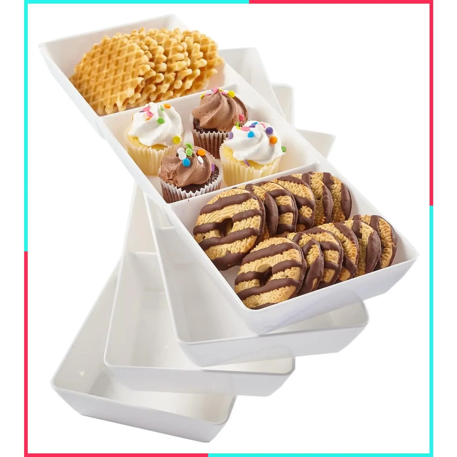 White Plastic Divided Serving Trays (Set of 4) 15” x 5” | Narrow Reusable 3-Section Party Platters for Appetizers, Fruit, Veggies & Desserts | BPA-Free & Made in USA