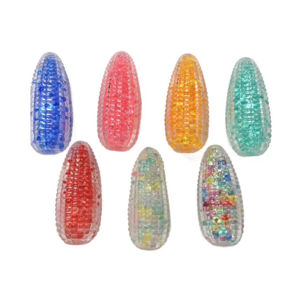 Cute 3D Crystal Corn Shaped Squish Fidget Toy Colorful Glitter Liquid Inside Reusable Moldable Soft TPR Squeeze Ball Portable Desk Stress Relief Toy For School Office Daily Use