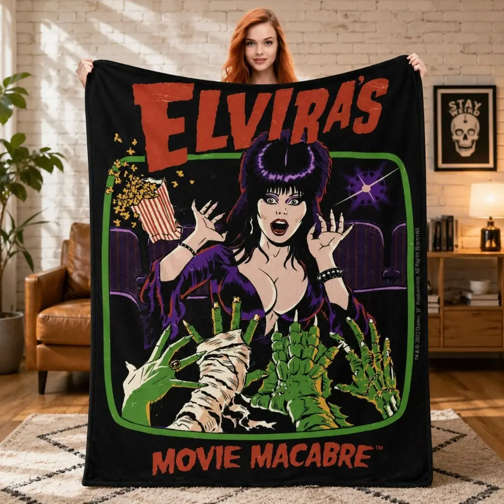 Elvira Mistress of the Dark Horror Movie Blanket, Gothic Comic Artwork on Soft Flannel Horror Throw for Halloween Bedrooms and Couch Nights, Spooky Lounge Layer for October Marathons, Teen Spaces and Retro Fright Decor