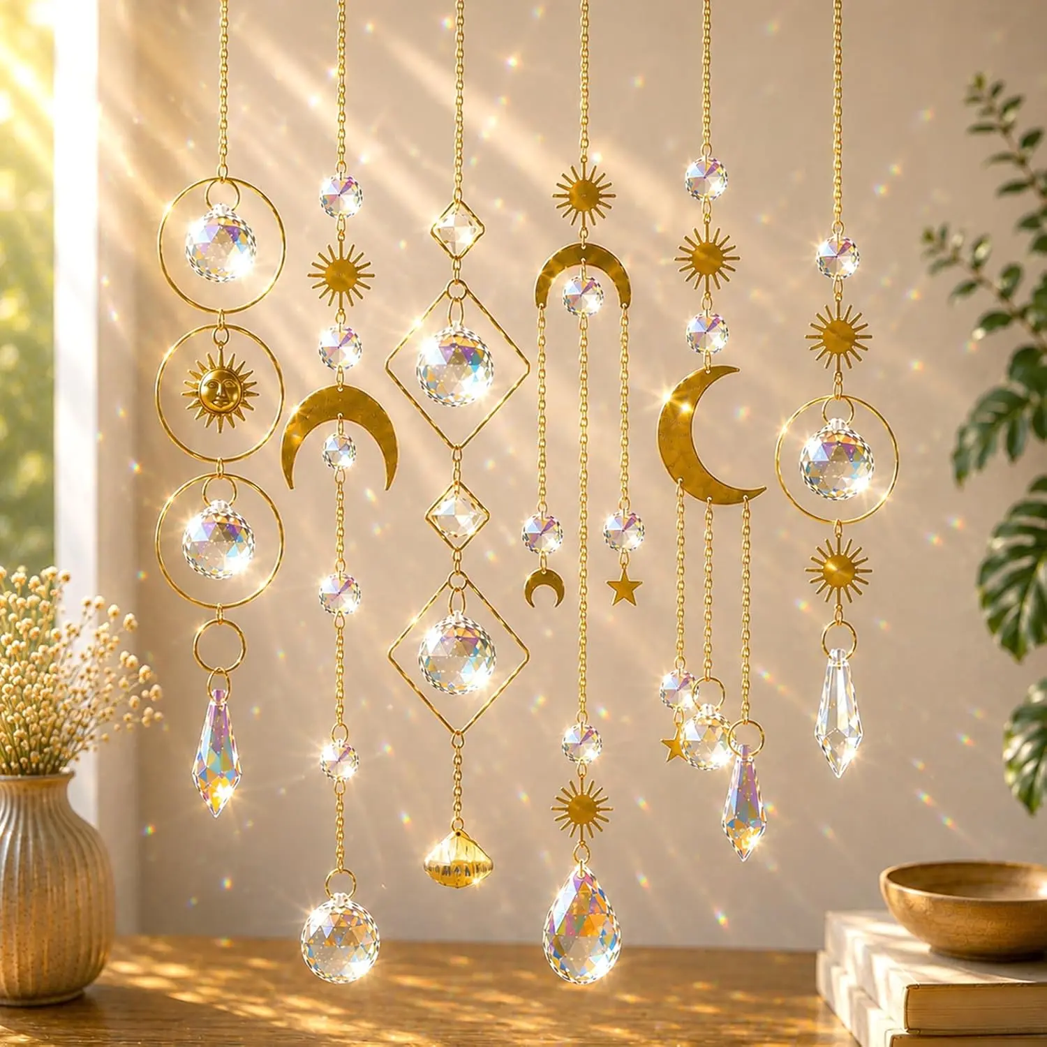 6pcs Colorful Crystals Hanging Suncatcher with Chain Pendant Ornament Crystal Balls for Window Home Garden Christmas Party Decor Supplies Wedding Decoration, Festive Decoration, Christmas, New Year's, Valentine's Gifts