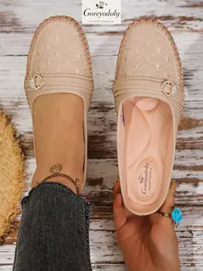 Goreyodoly women mule flats embroidery design slip on shoes wide fit lightweight soft sole anti slip casual comfort backless shoes elegant style for commuting travel indoor outdoor all season wear