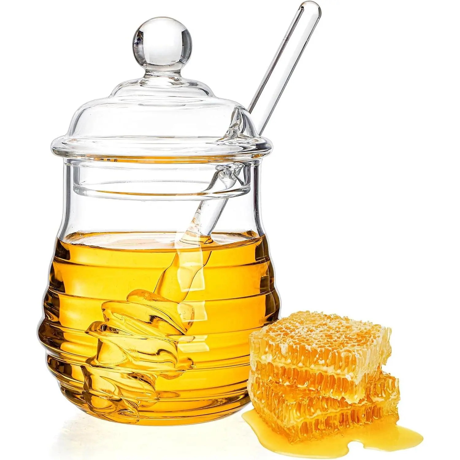 Lawei Glass Honey Jar with Dipper and Lid, 10 OZ Heat-Resistant Bee Hives Honey Pot, Clear Glass Honey Container for Store Honey and Syrup, Home and Kitchen, Easy to Clean, Dishwasher Safe