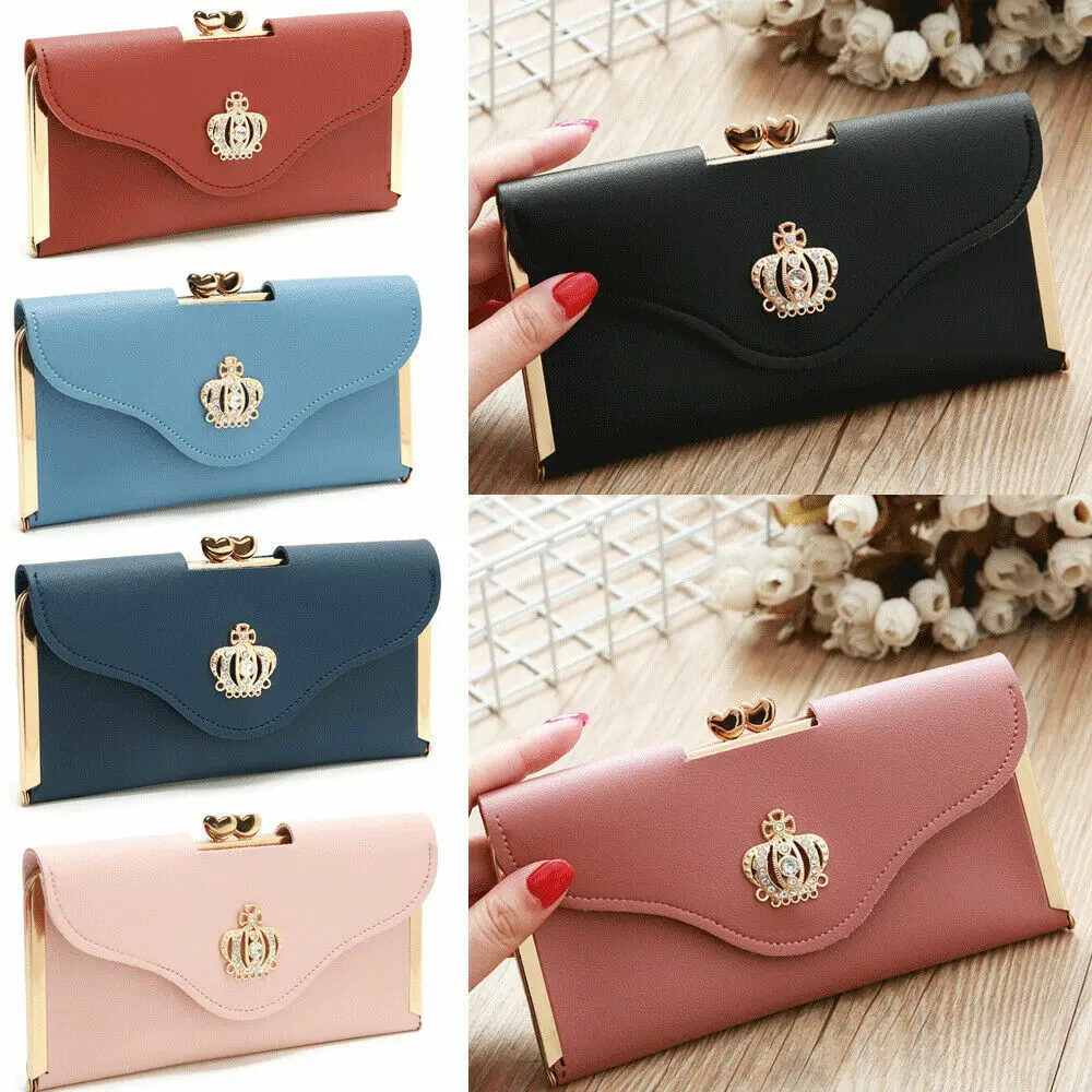 Rhinestone Crown Decor Long Wallet for Women Faux Leather Clutch Purse Multi Card Slots Clear ID Photo Window Inner Zipper Coin Pocket Large Capacity Ladies Cash Phone Holder Handbag