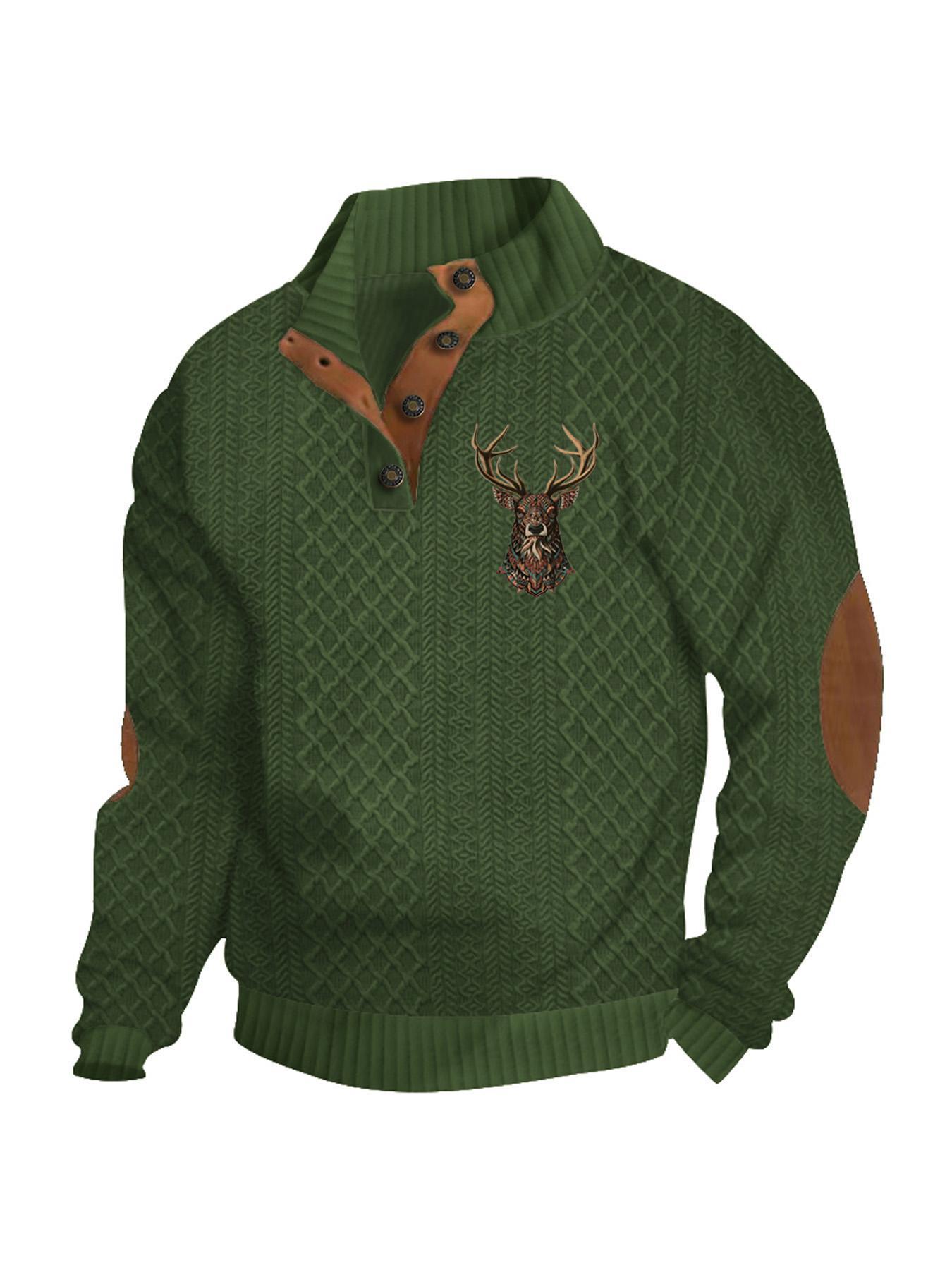 Men's Reindeer Print Patchwork Contrast Trim Jacquard Sweatshirt, Regular Fit Casual Comfy Long Sleeve Half Button Front Stand Collar Pullover for Spring & Fall, Fashion Men's Top for Daily Wear