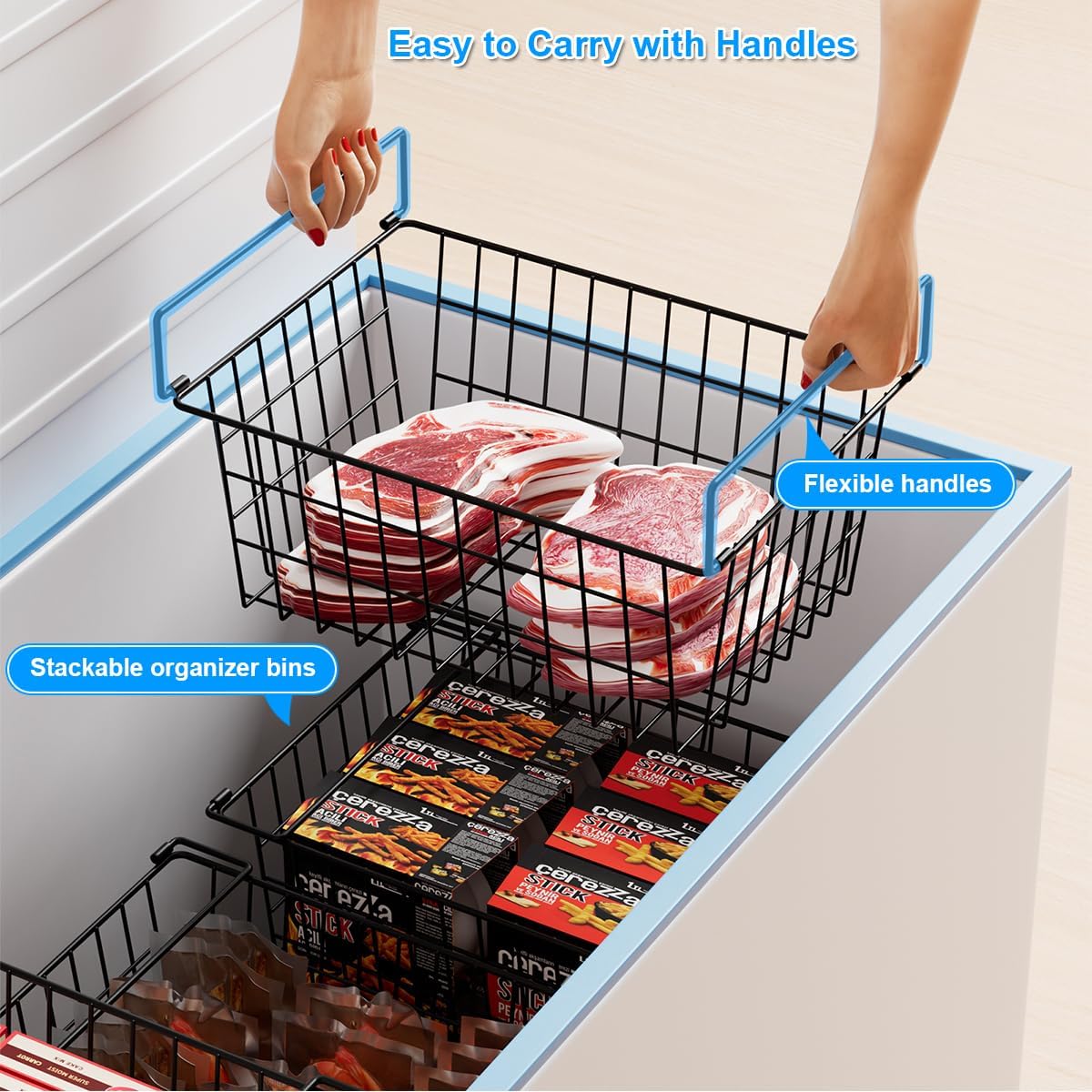 Freezer Organizer Bins, Large Capacity Stackable Baskets for Deep Chest Freezer Easy Get and Sort Bottom Frozen Meats  Storage Containers Pantry Storage and Organization, 4 count