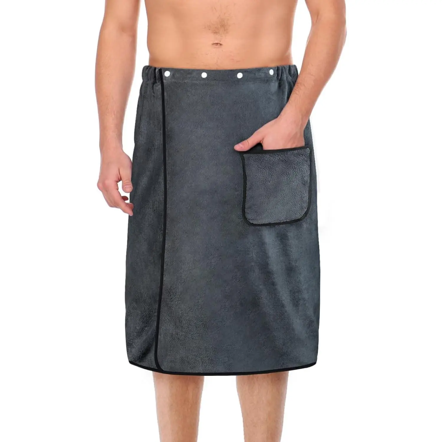 Men's Towel Wrap with Pockets 80x150cm Large Grey Plush Soft Quick Dry Body Bath Towels Adjustable Towel Bathrobe