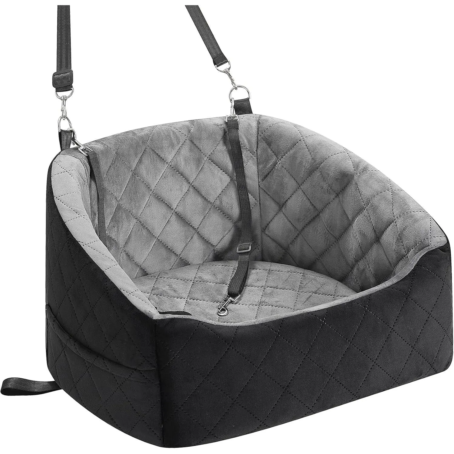 Dog Car Seat for Small Dogs Up to 30 Lbs - Fabric Pet Travel Safety Bed with Buckle Adjust, Anti-Slip Base, Detachable Cover, 2 Safety Tethers, Fits Front/Back Seats, Washable (Grey-Black) for Camping
