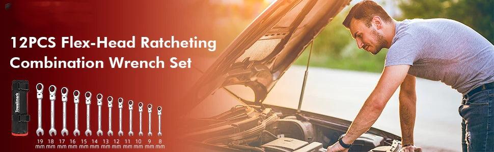 GARVEE Metric Ratcheting Wrench Set P-12 180° Flex-Head Cr-V Steel 9-18mm with Premium Roll-Up Storage Pouch, Polished Finish, 12-Piece Set