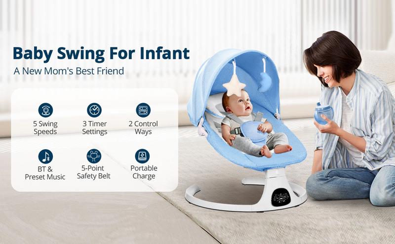 Baby Gift Electric Baby Swing for Infants with 5 Speeds,10 Lullabies,Adjustable Sound Volume,Baby Rocker, Baby Bouncer,Baby Electric Bassinet,Indoor & Outdoor Use,Remote Control,Grey